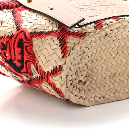 Loewe Embroidered Raffia Basket Tote Bag Natural Tan Red 7 of 8