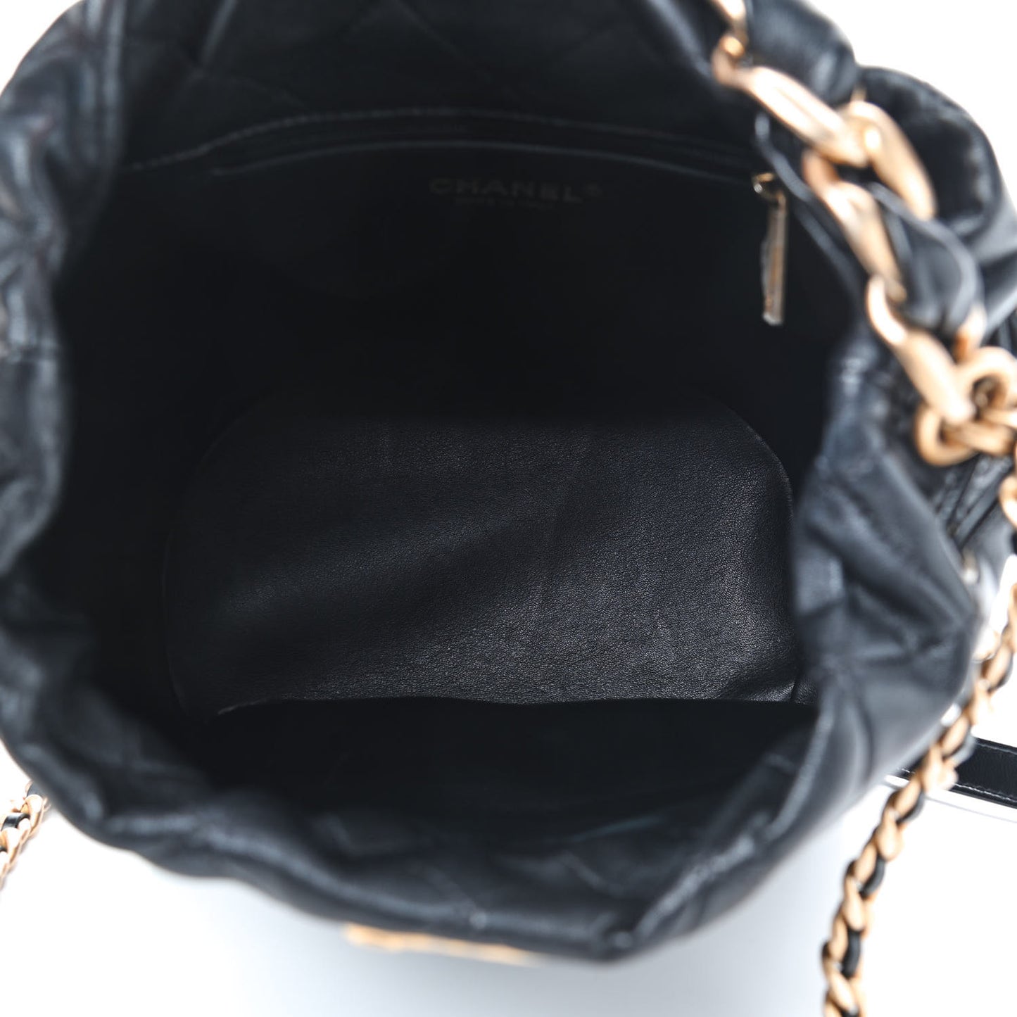 Shiny Lambskin Quilted Chain Is More Drawstring Bag Black