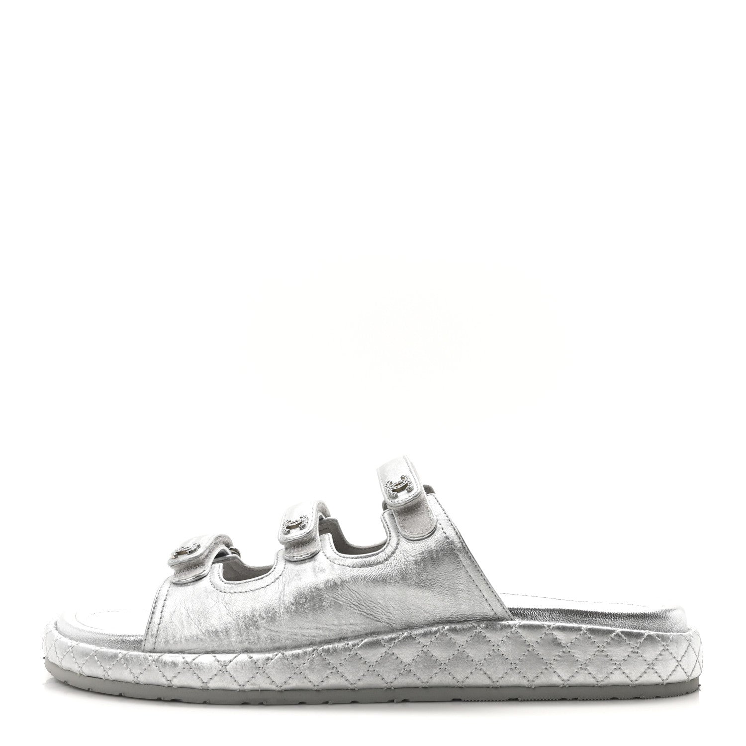 Chanel Laminated Lambskin Quilted Velcro Crystal CC Dad Slide Sandals 40 Silver 1 of 18
