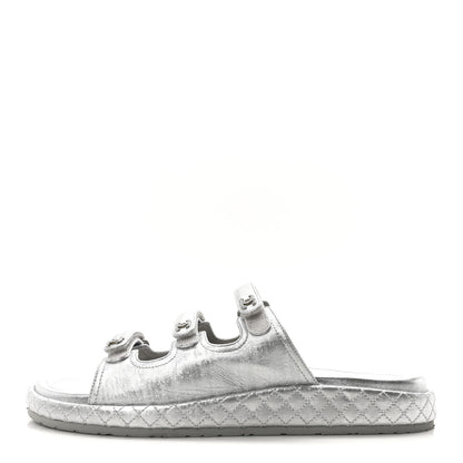 Chanel Laminated Lambskin Quilted Velcro Crystal CC Dad Slide Sandals 40 Silver 1 of 18