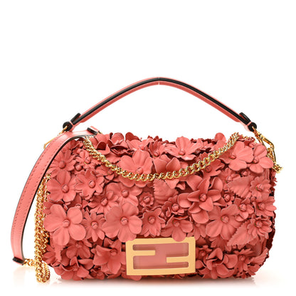 Fendi Vitello Grace 3D Floral Embroidered Flower Mini Baguette Rosa Pesca 1 of 10