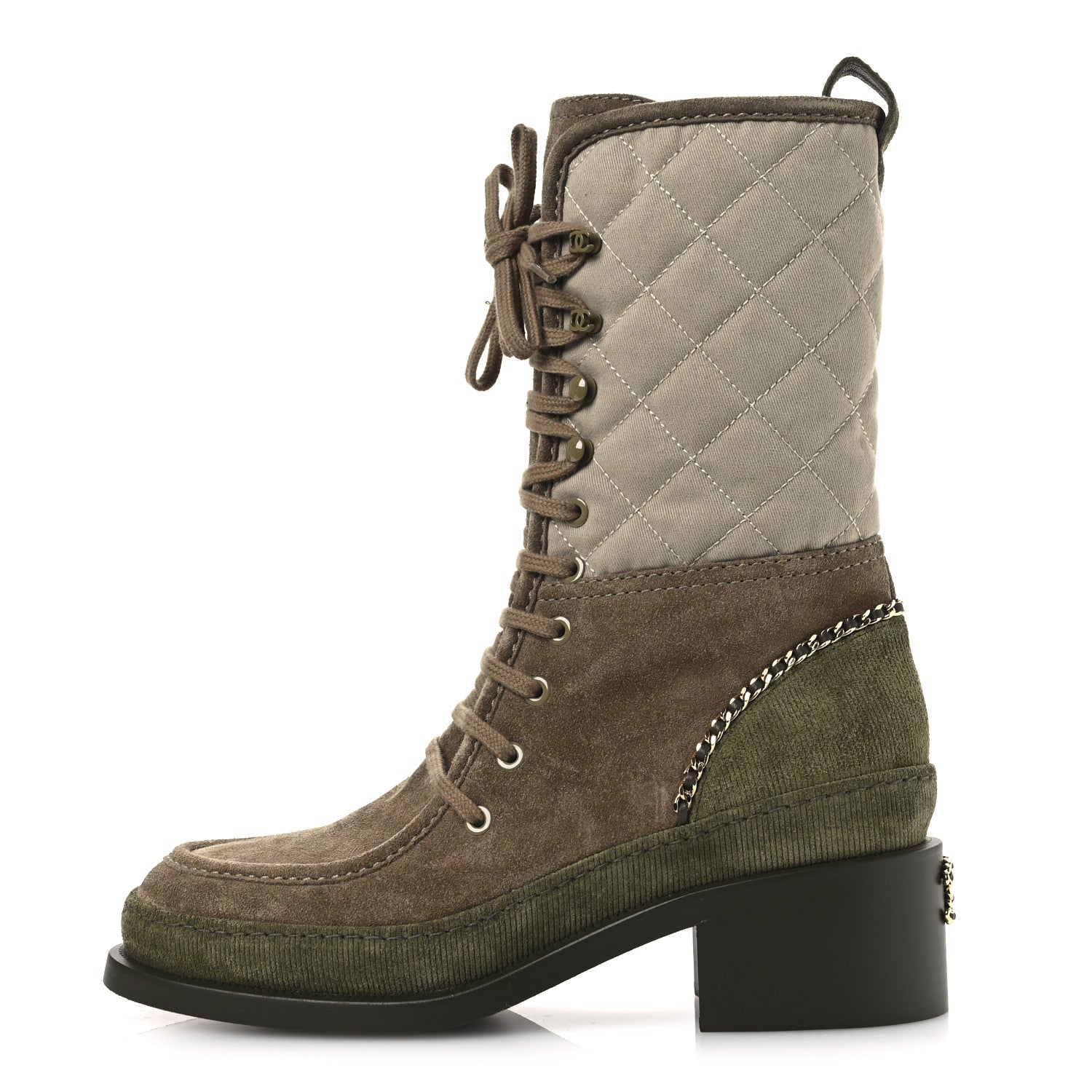 Chanel Suede Calfskin Cotton Quilted CC Chain Combat Boots 39 Light Grey Brown Khaki 1 of 12