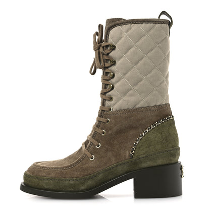 Chanel Suede Calfskin Cotton Quilted CC Chain Combat Boots 39 Light Grey Brown Khaki 1 of 12