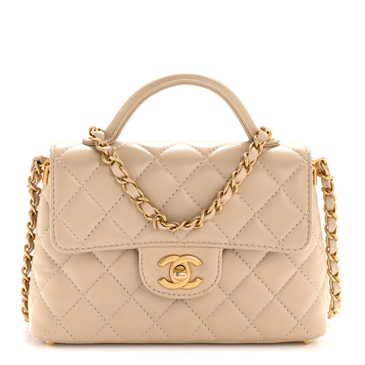 Lambskin Quilted Small Flap Top Handle Bag Beige