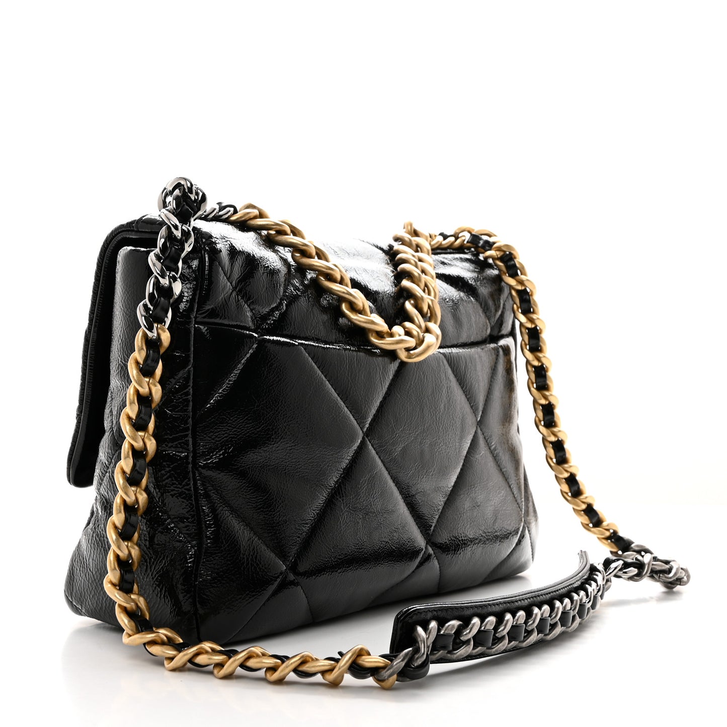 Shiny Crumpled Calfskin Quilted Large Chanel 19 Flap Black