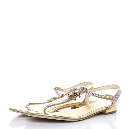 Chanel Metallic Lambskin Glitter Gripoix CC Sandals 38.5 Gold 3 of 13