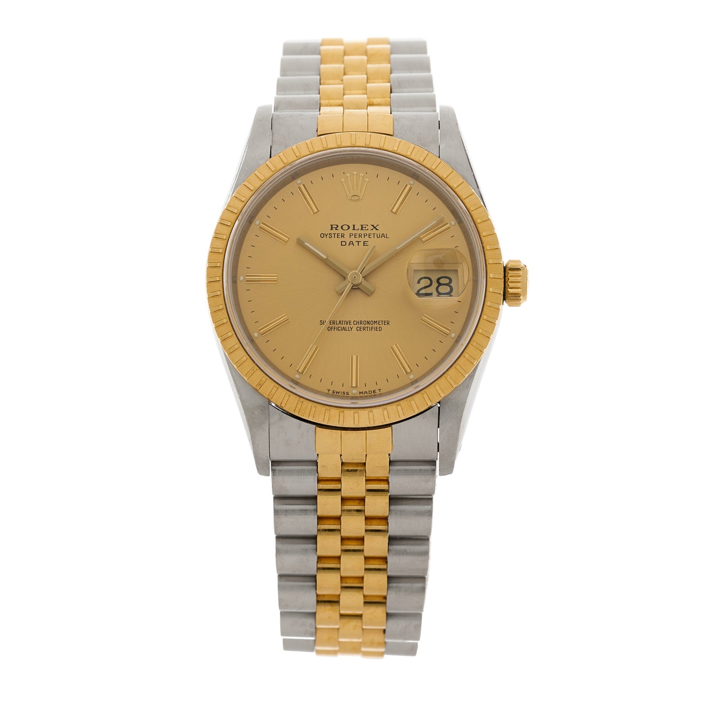 Stainless Steel 18K Yellow Gold 34mm Oyster Perpetual Date Watch Champagne 15223