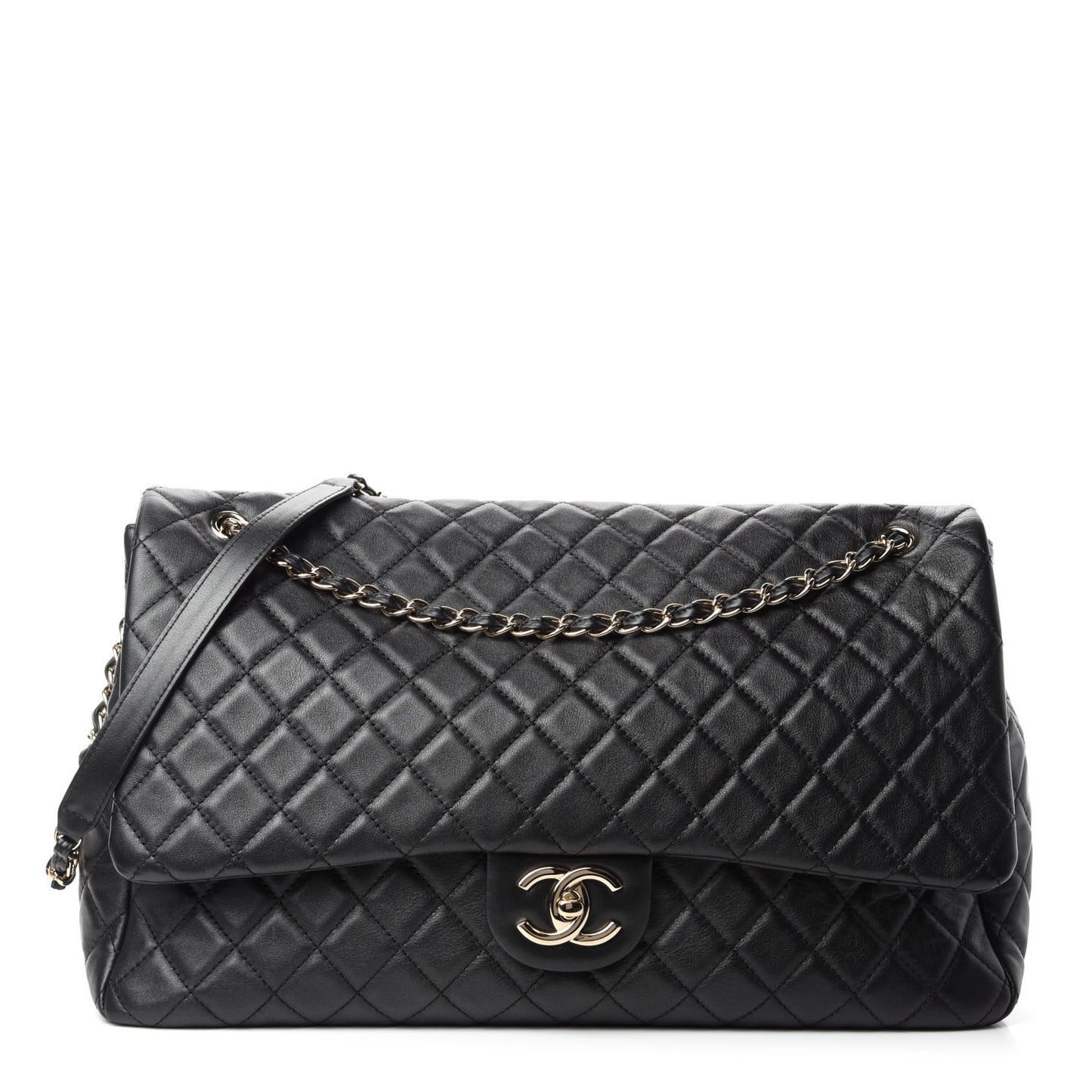 Calfskin Quilted XXL Travel Flap Bag Black