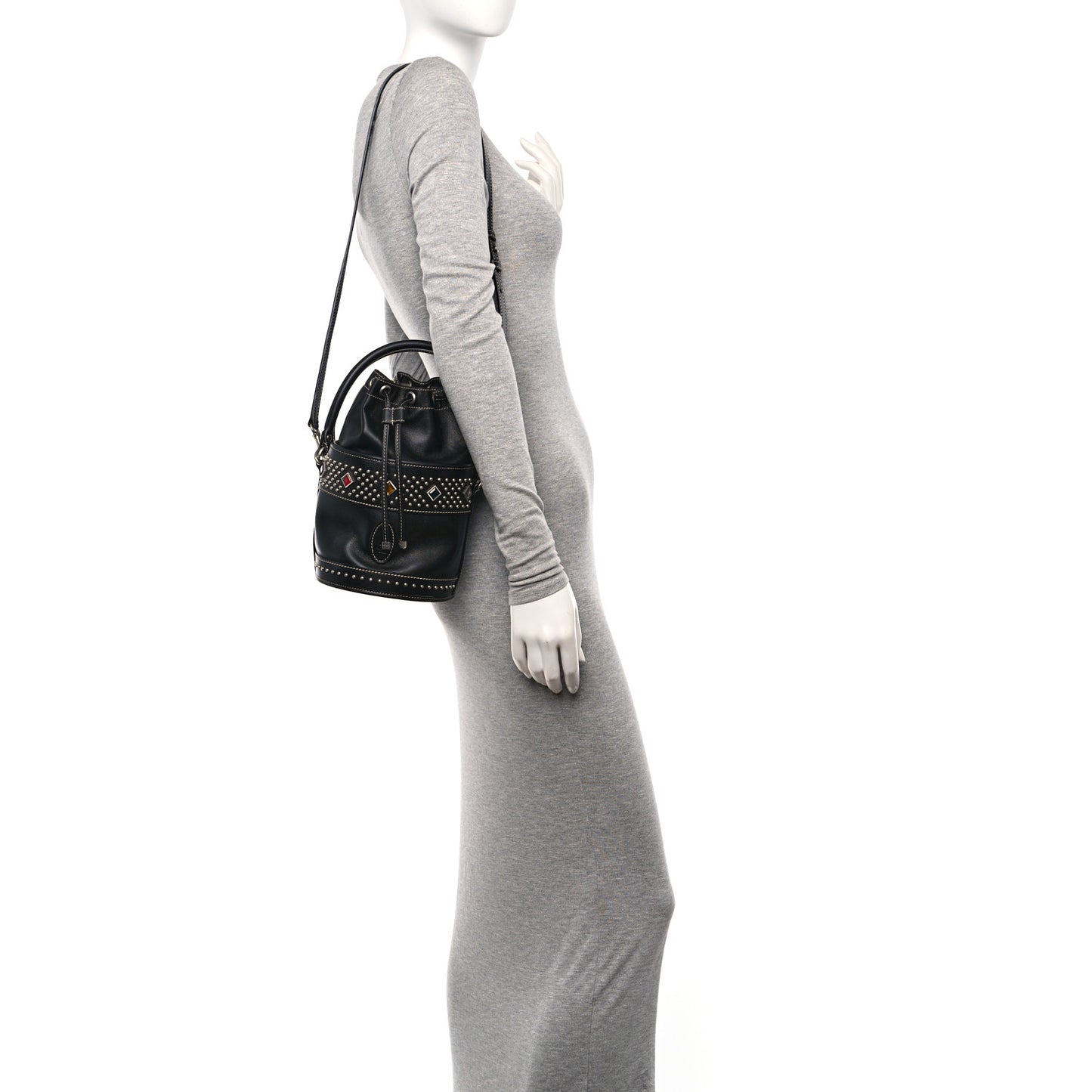 Smooth Calfskin Studded Small Bahia Drawstring Bucket Bag Black Multicolor