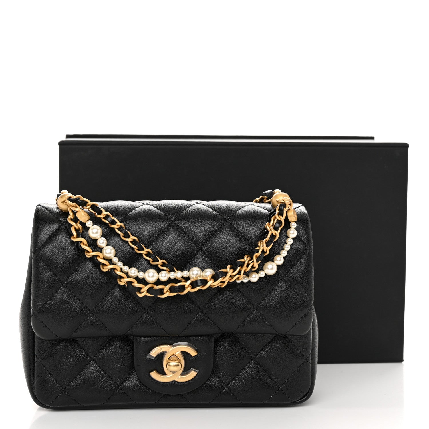 Chanel Shiny Lambskin Quilted Pearl Twist Mini Square Flap Black 11 of 11