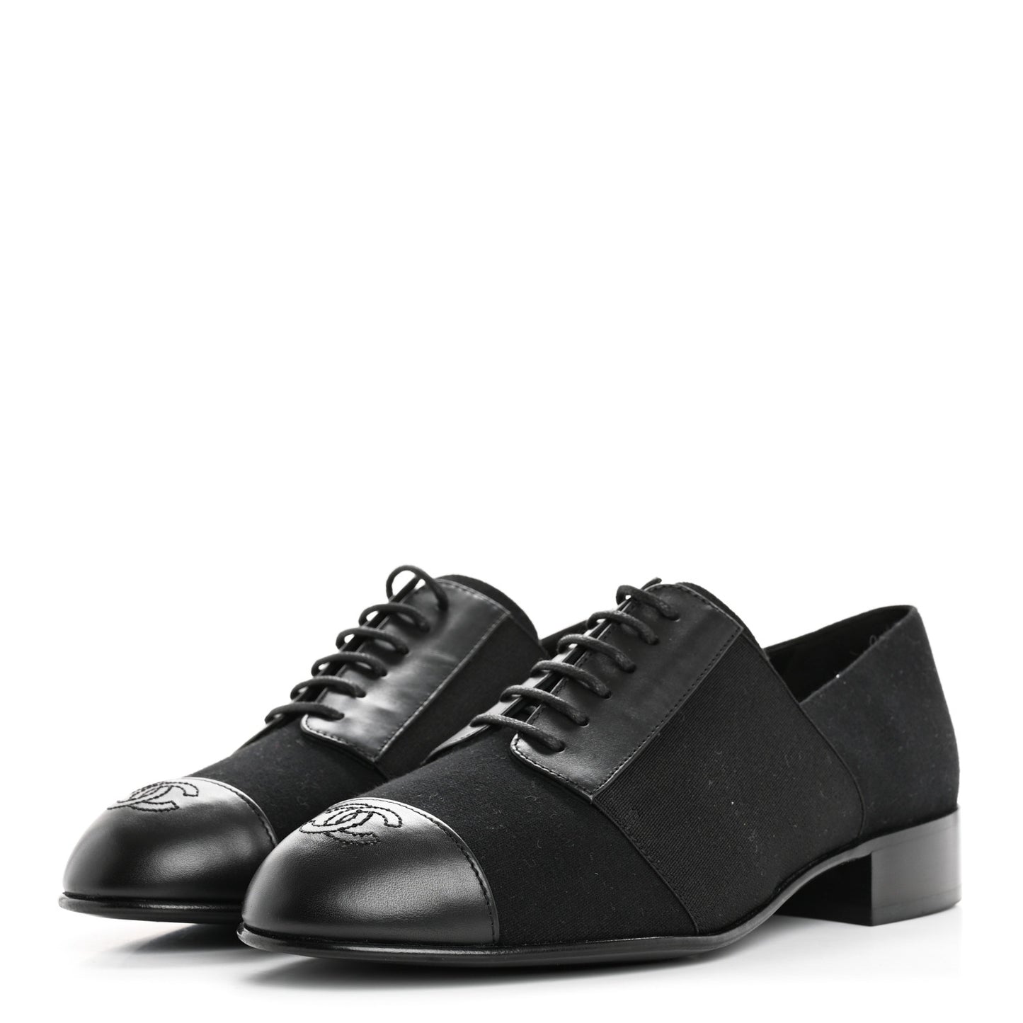 Calfskin Elastic Lace Up Cap Toe CC Loafers 37 Black