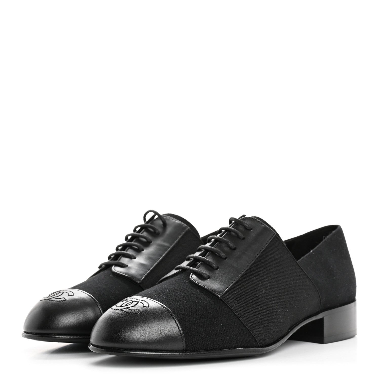 Chanel Calfskin Elastic Lace Up Cap Toe CC Loafers 37 Black 4 of 9
