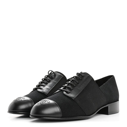 Chanel Calfskin Elastic Lace Up Cap Toe CC Loafers 37 Black 4 of 9