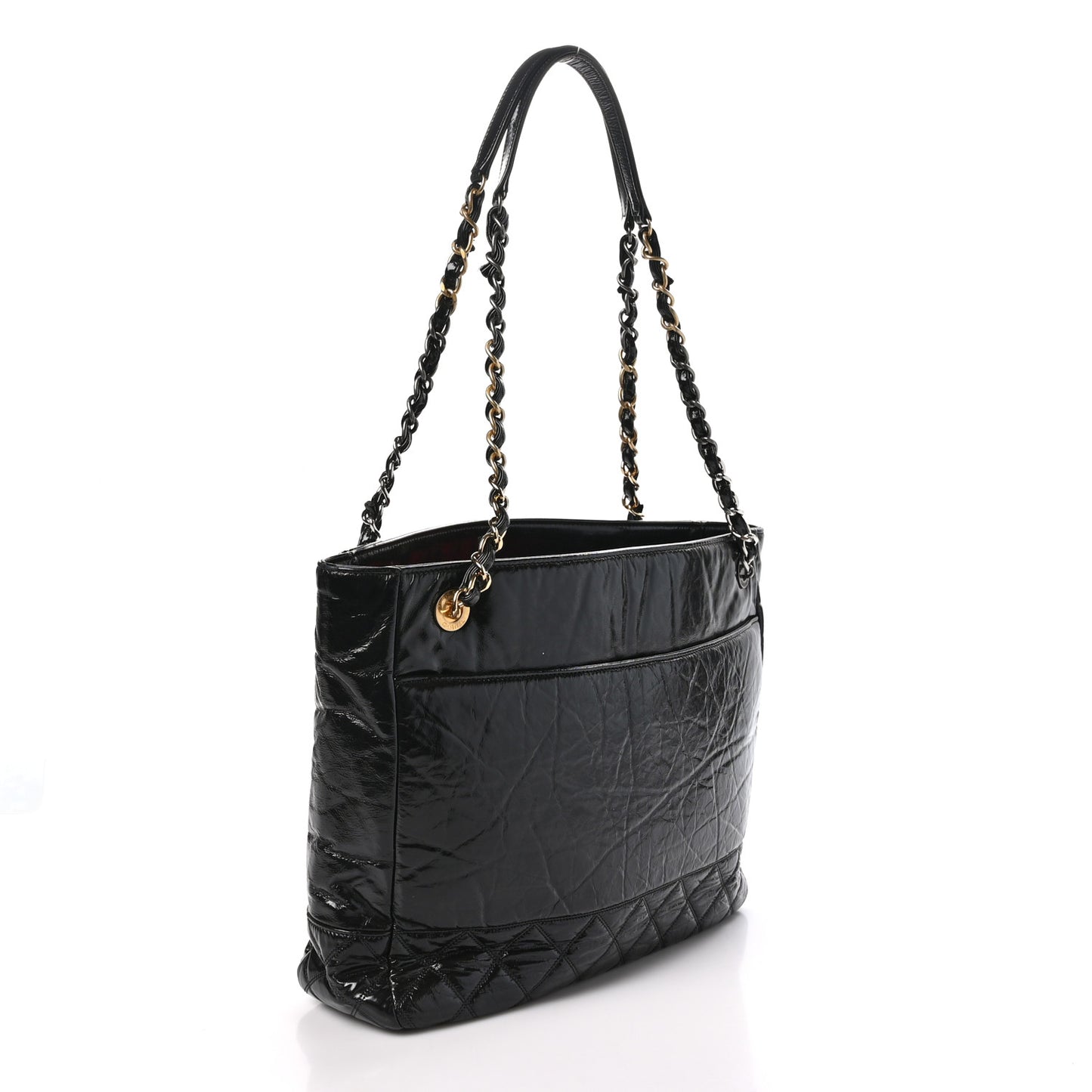 Shiny Aged Calfskin Quilted Small Shopping Bag Black
