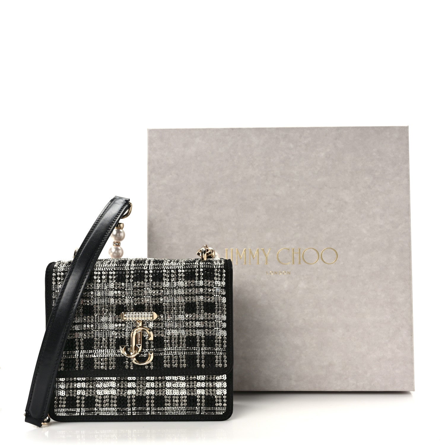 Jimmy Choo Satin Tartan Pearl Varenne XS Black Silver Light Gold 11 of 11