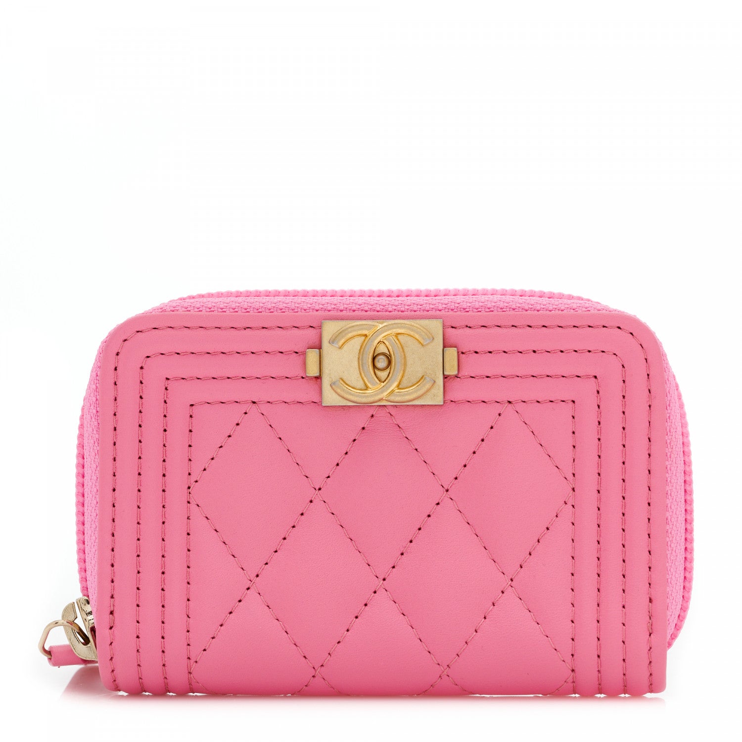 Chanel Lambskin Quilted Boy Zip Around Coin Purse Wallet Pink 1 of 9