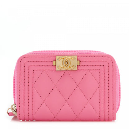 Chanel Lambskin Quilted Boy Zip Around Coin Purse Wallet Pink 1 of 9