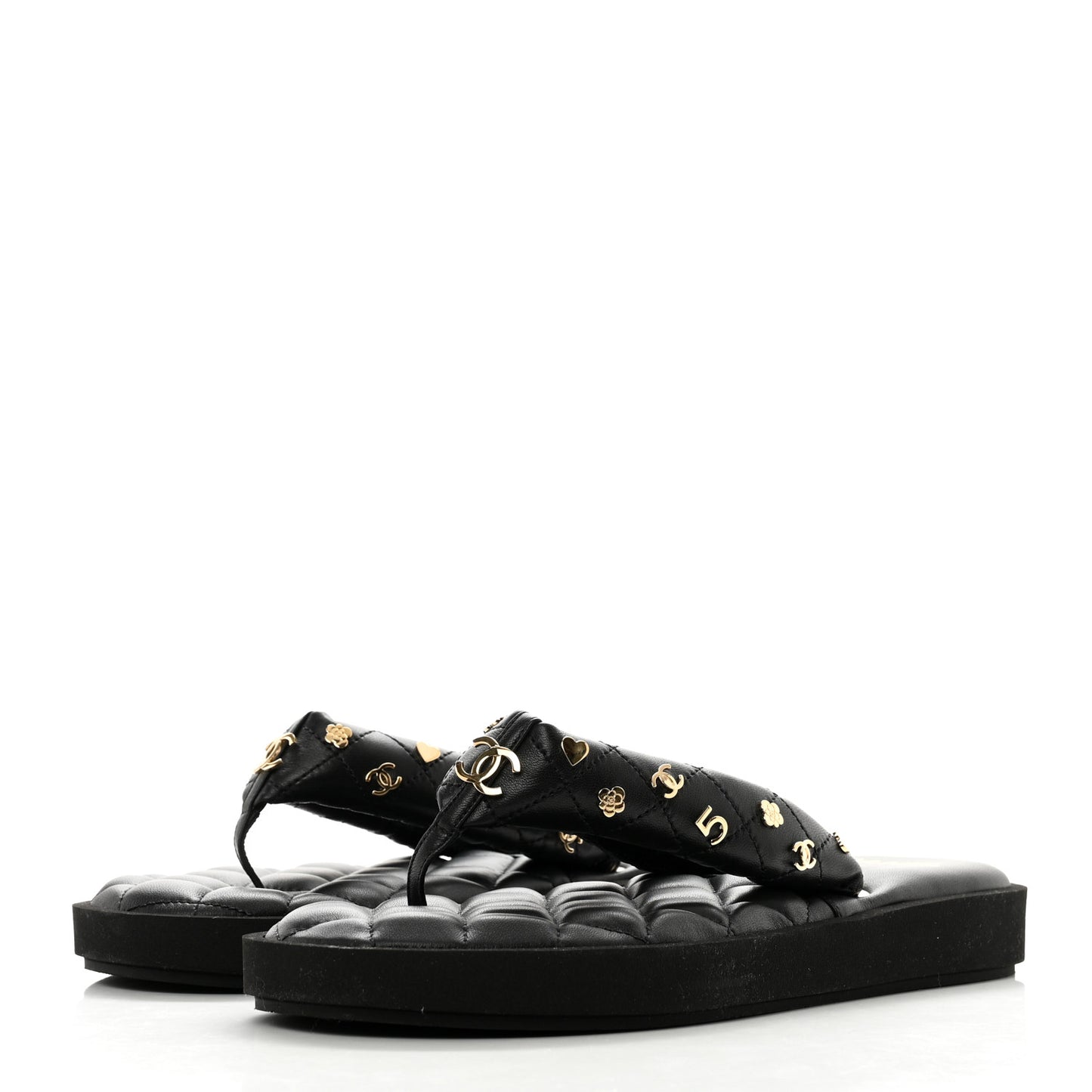 Lambskin Quilted Padded Charms Thong Sandals 40.5 Black