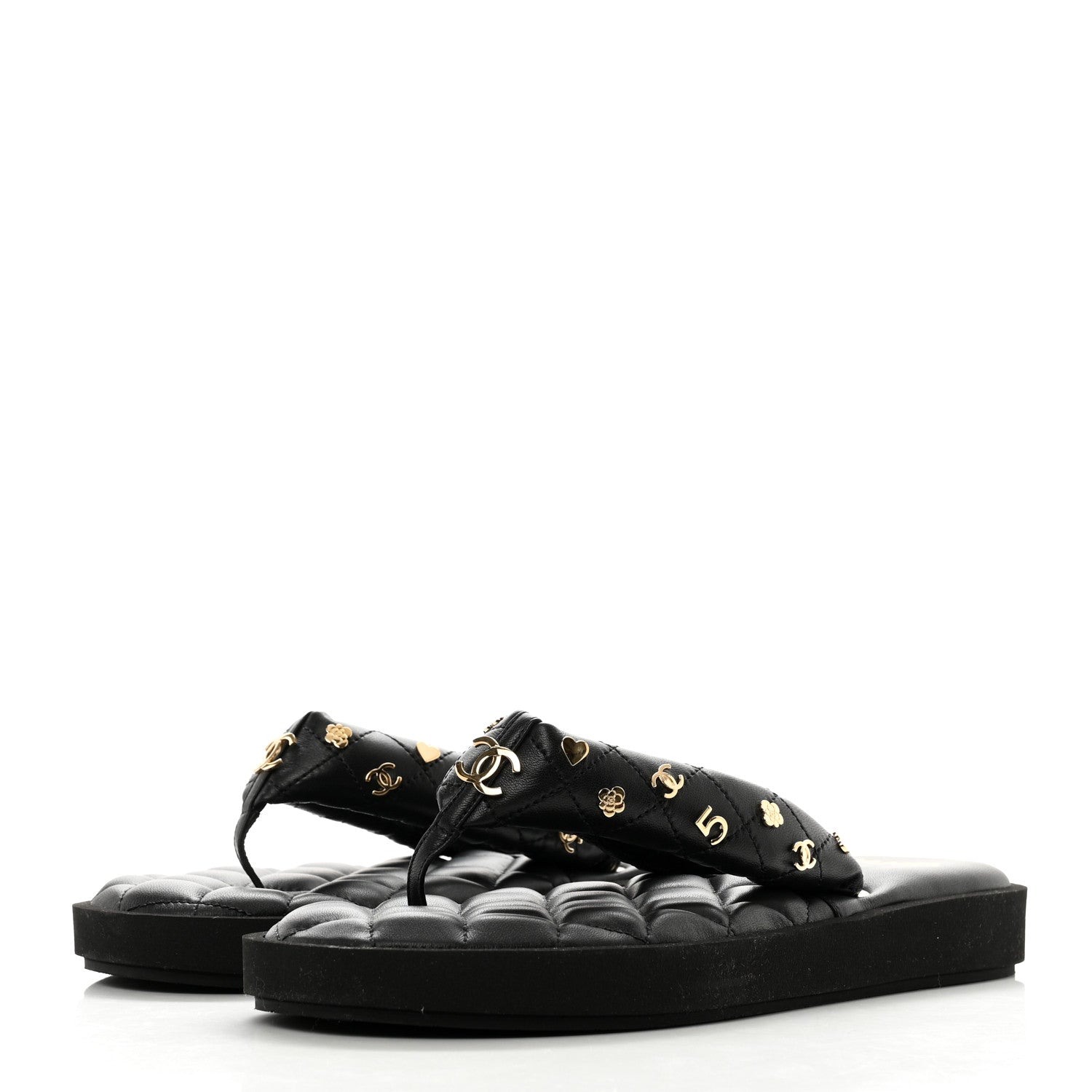 Chanel Lambskin Quilted Padded Charms Thong Sandals 40.5 Black 3 of 8