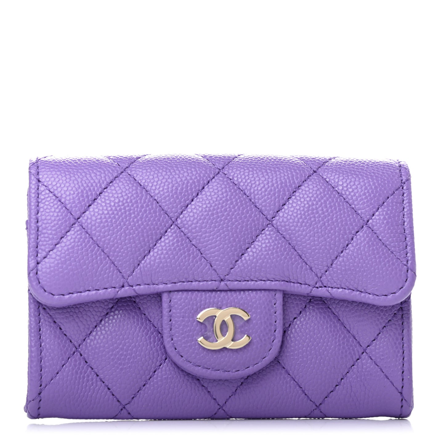 Caviar Quilted Flap Card Holder Wallet Purple