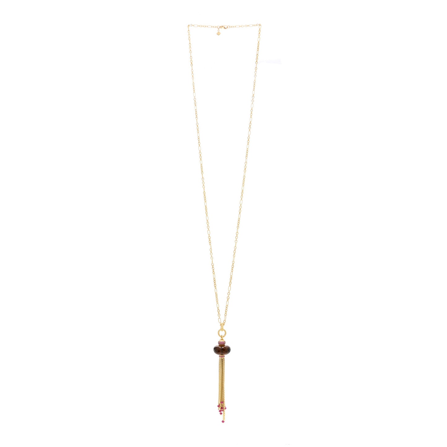 18K Yellow Gold Smoky Quartz Ruby Tassel Pendant Necklace