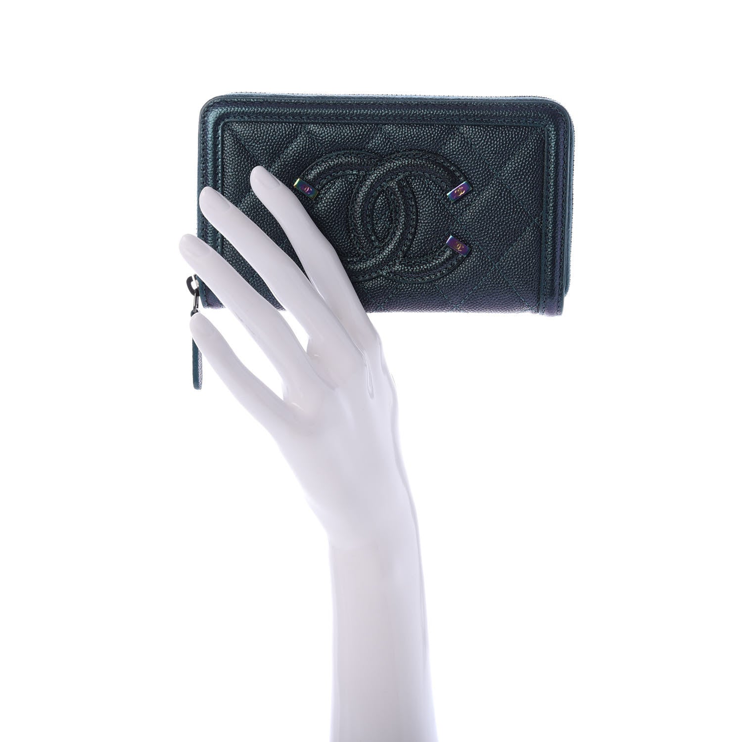 Chanel Iridescent Caviar Quilted Medium Filigree Zip Around Wallet Dark Turquoise 2 of 9