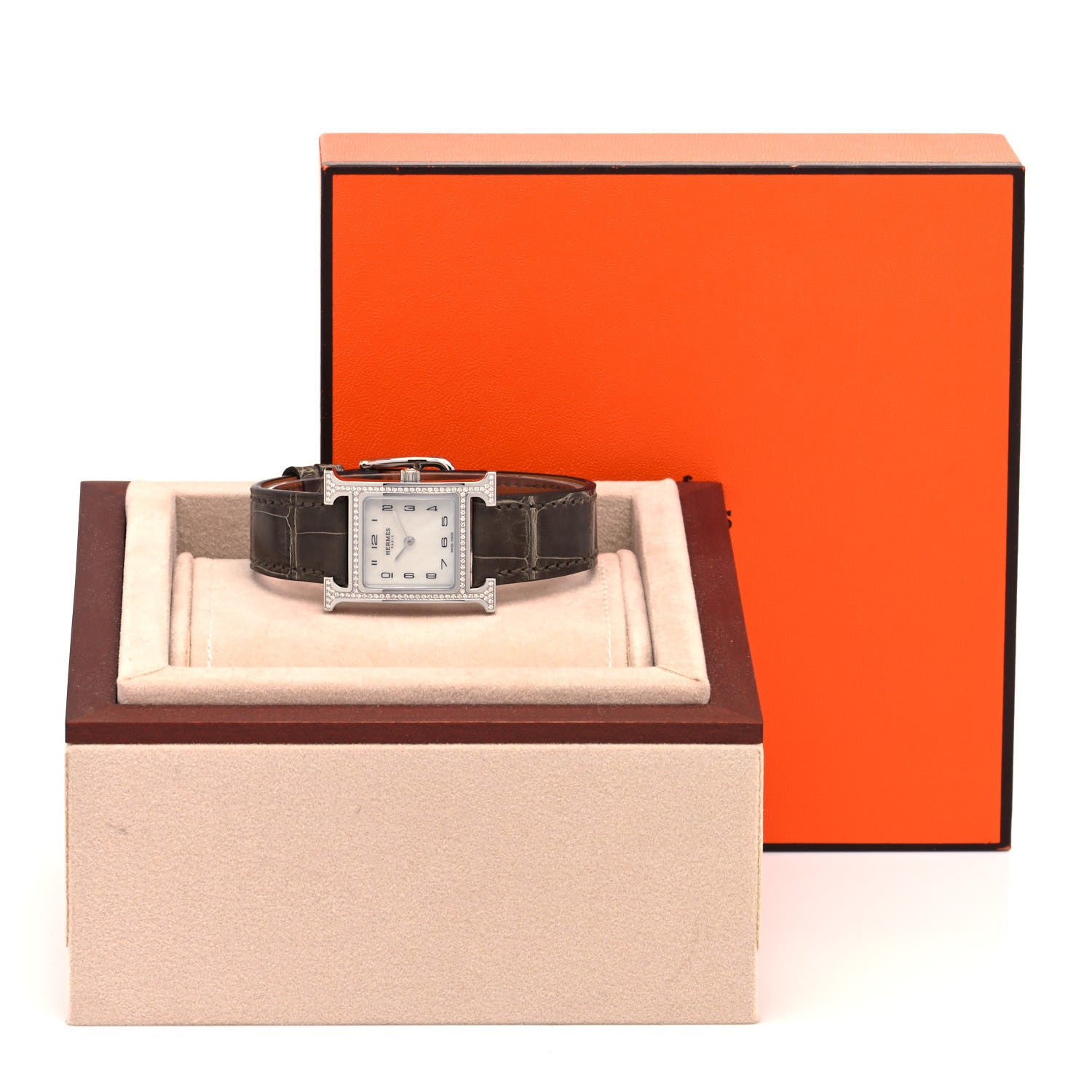 Hermes Stainless Steel Alligator Diamond Bezel Mother of Pearl 21mm Heure H Hour Quartz Watch Gris Elephant 5 of 5