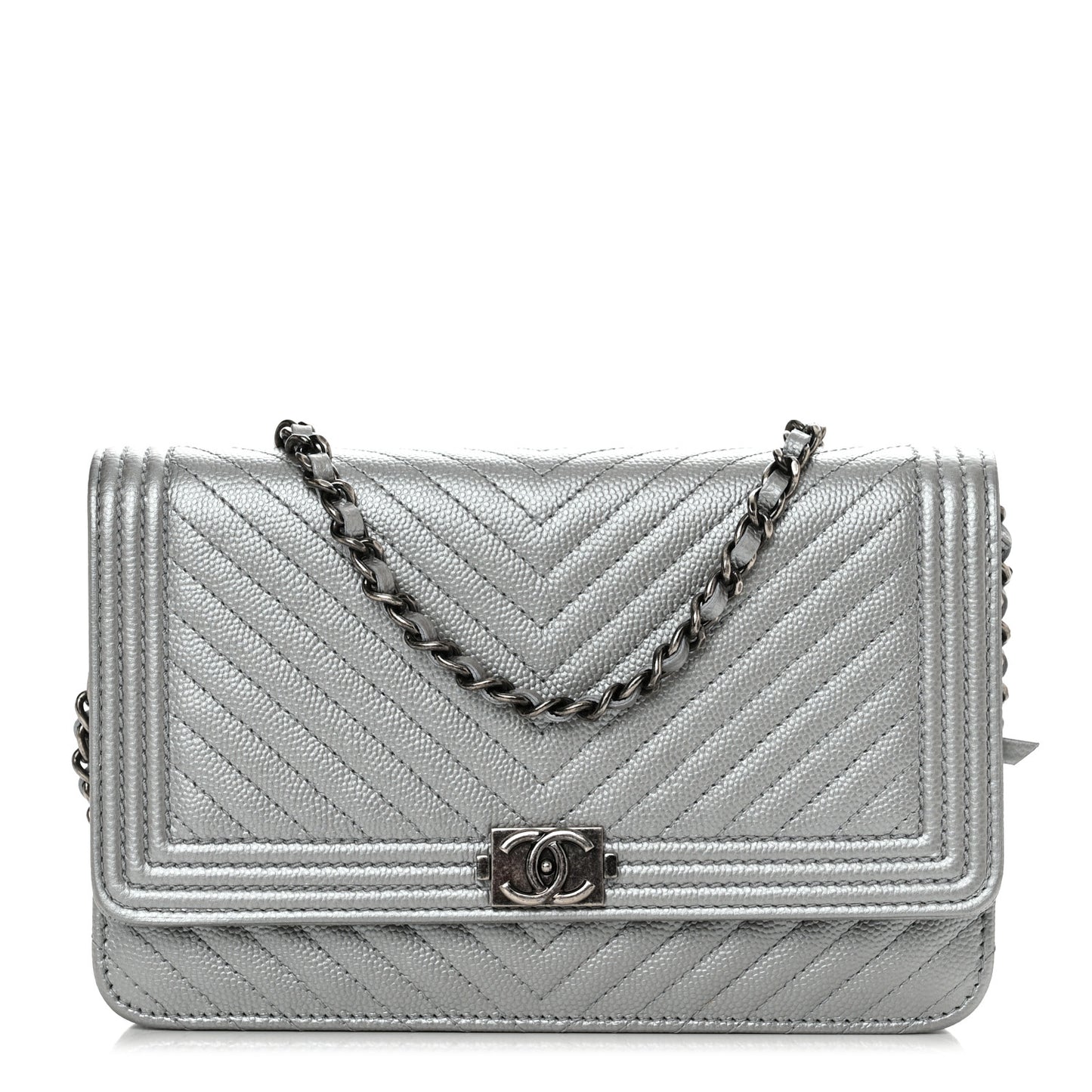 Metallic Caviar Chevron Quilted Boy Wallet On Chain WOC Silver