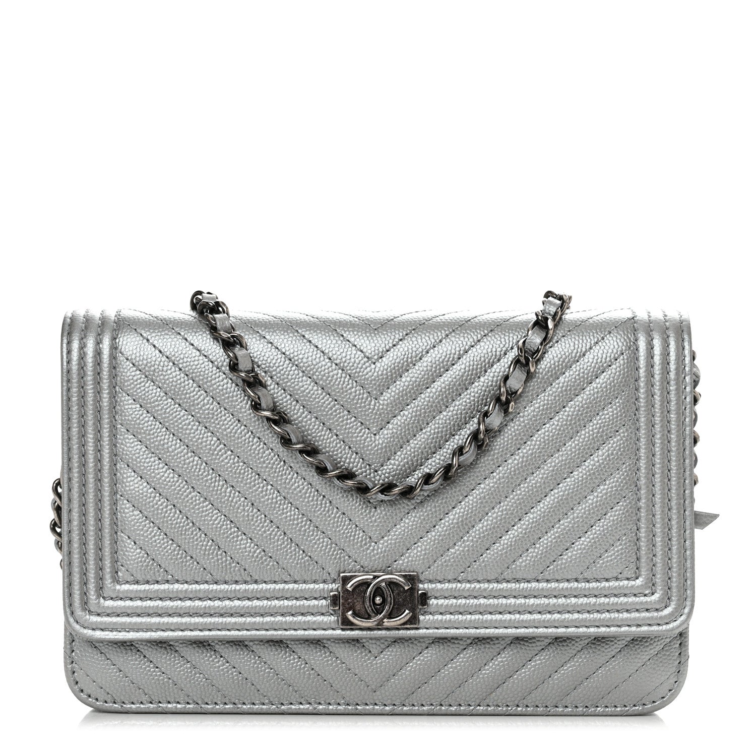 Chanel Metallic Caviar Chevron Quilted Boy Wallet On Chain WOC Silver 1 of 12
