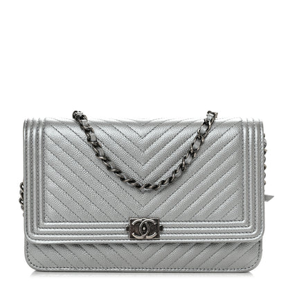 Chanel Metallic Caviar Chevron Quilted Boy Wallet On Chain WOC Silver 1 of 12