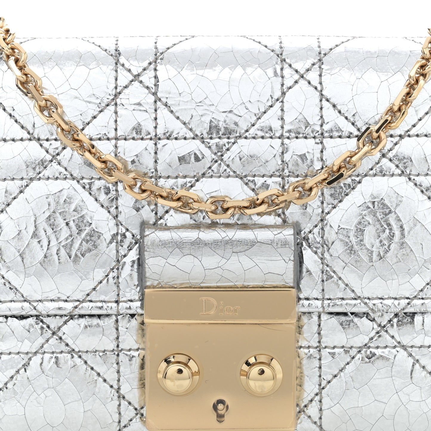 Metallic Crinkled Cannage Miss Dior Chain Wallet Silver
