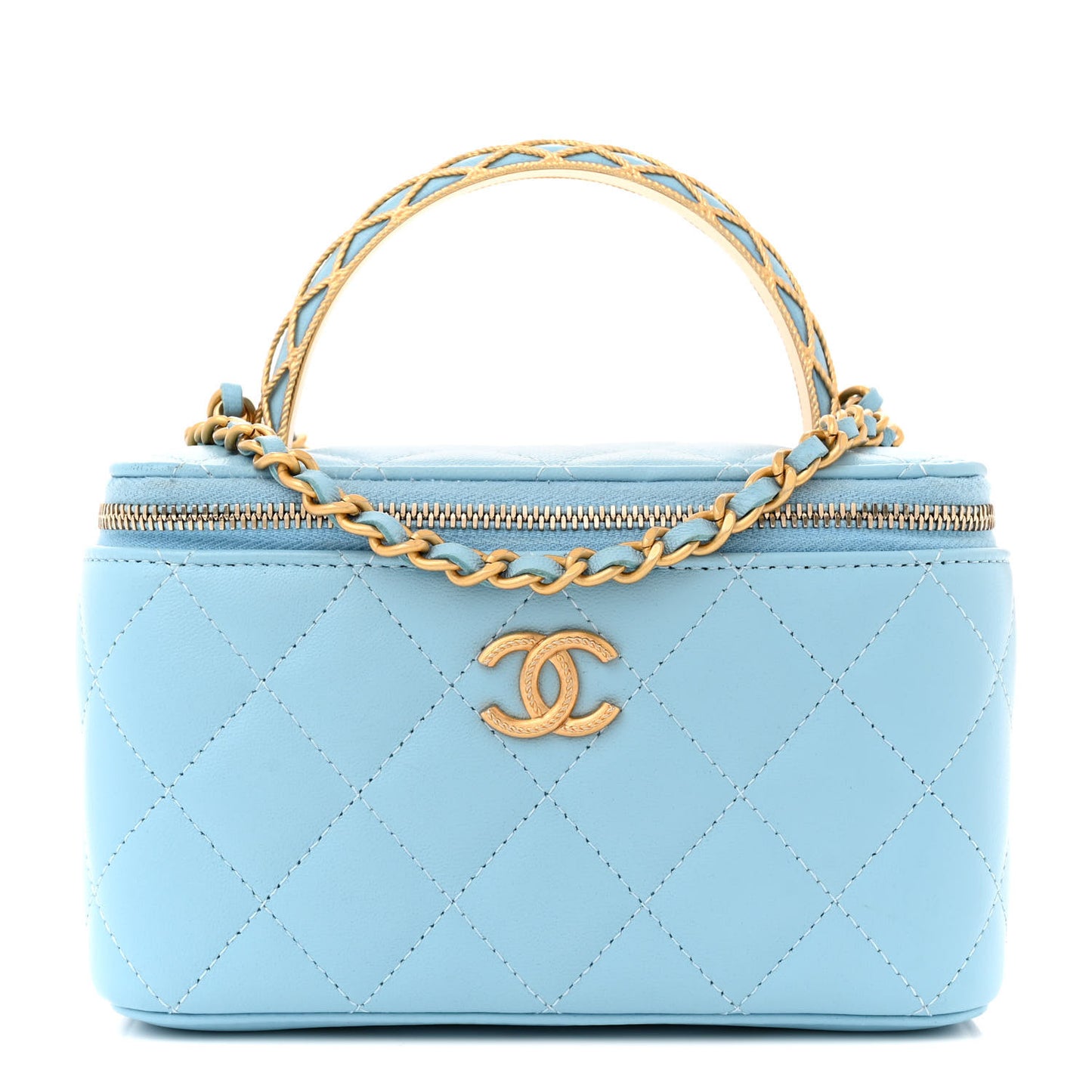 Lambskin Quilted Metal Twist Small Top Handle Vanity Case With Chain Blue