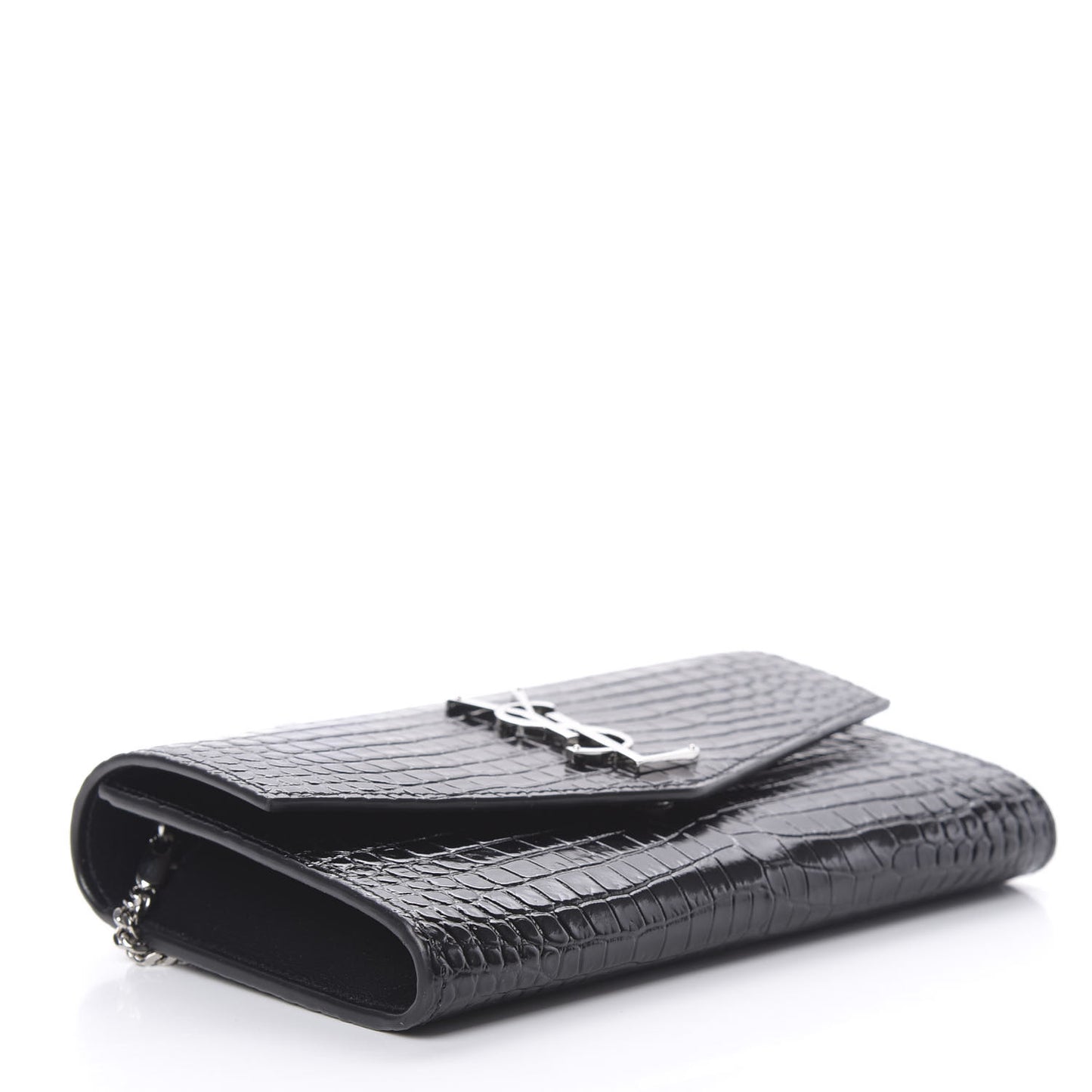 Calfskin Crocodile Embossed Monogram Uptown Chain Wallet Black