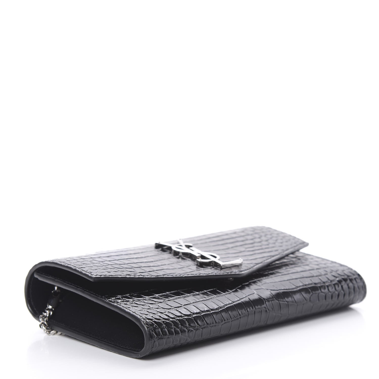 Saint Laurent Calfskin Crocodile Embossed Monogram Uptown Chain Wallet Black 5 of 12