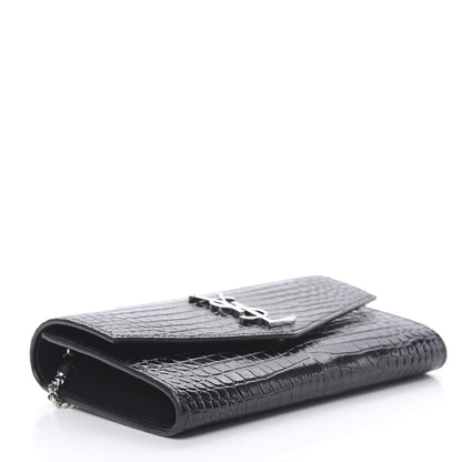 Saint Laurent Calfskin Crocodile Embossed Monogram Uptown Chain Wallet Black 5 of 12