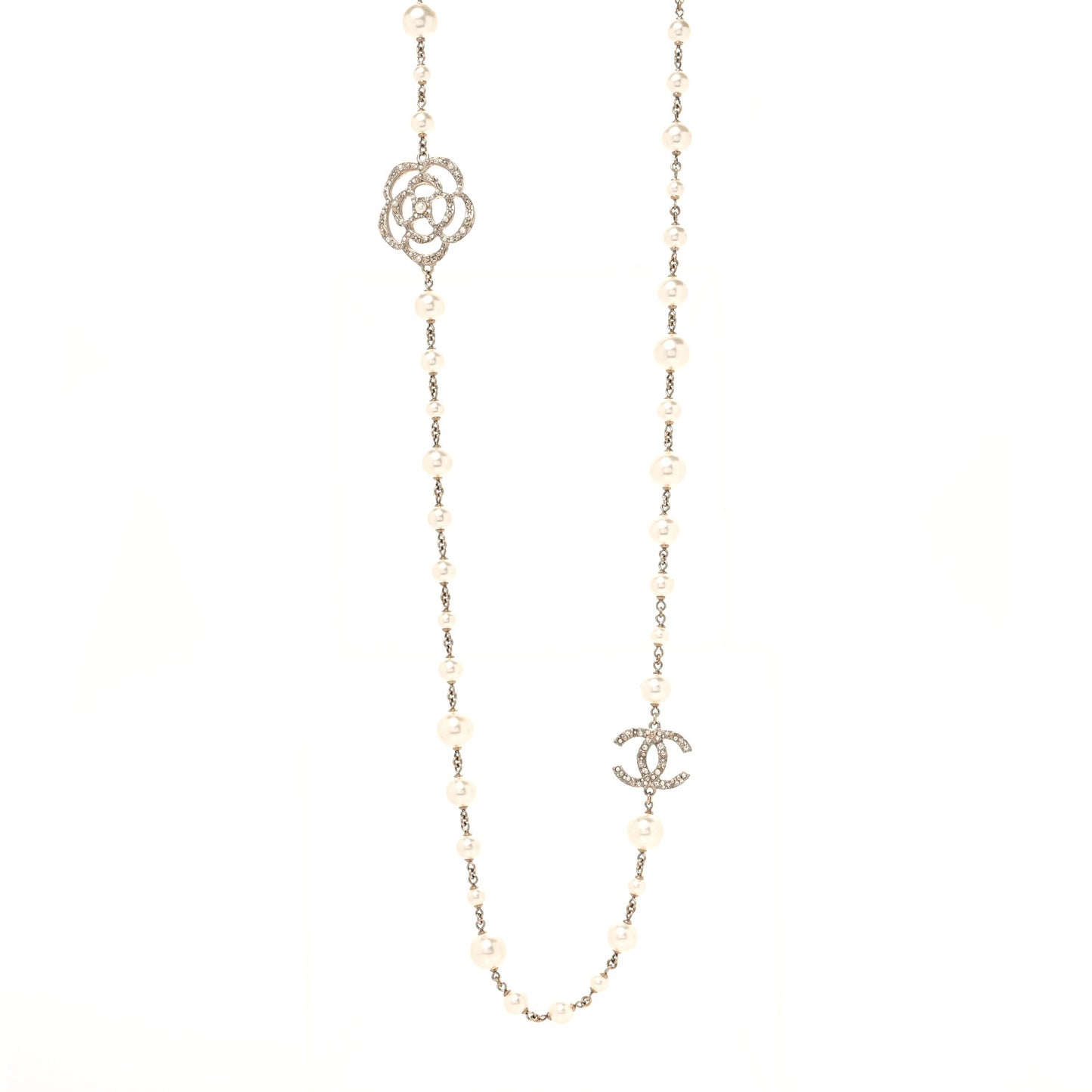 Pearl Crystal Camellia CC Necklace Gold
