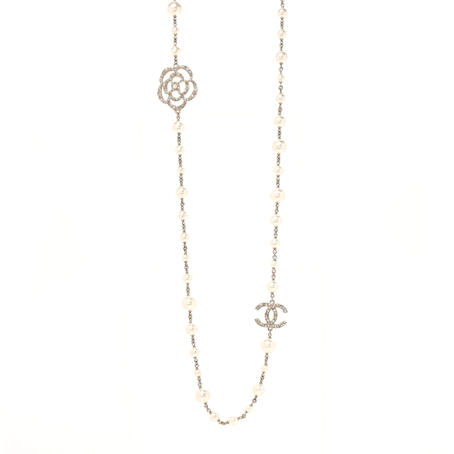 Chanel Pearl Crystal Camellia CC Necklace Gold 1 of 4