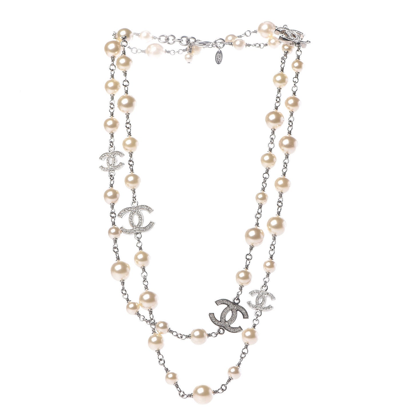 Graduated Pearl Crystal CC Long Necklace Silver Pearly White