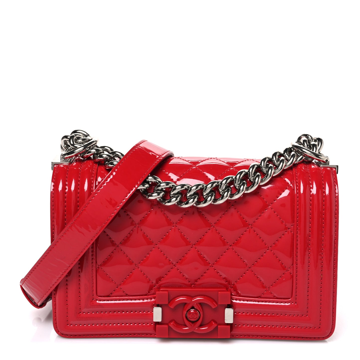 Patent Calfskin Quilted Small Plexiglass Boy Flap Red