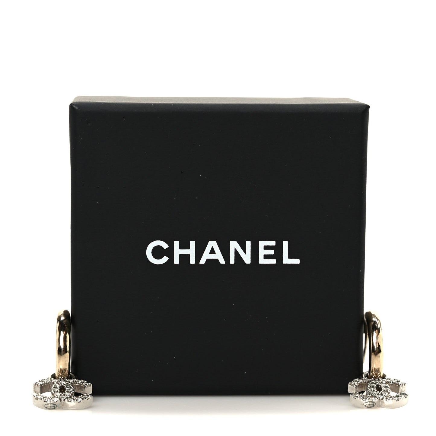 Metal Crystal Studded CC Hoop Drop Earrings Gold