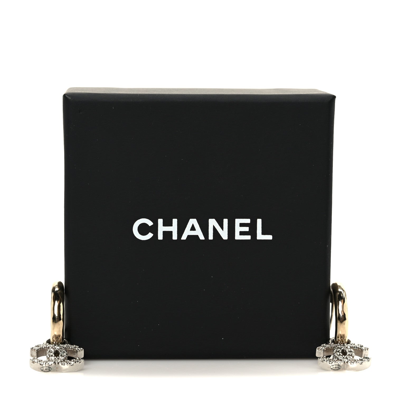 Chanel Metal Crystal Studded CC Hoop Drop Earrings Gold 5 of 5