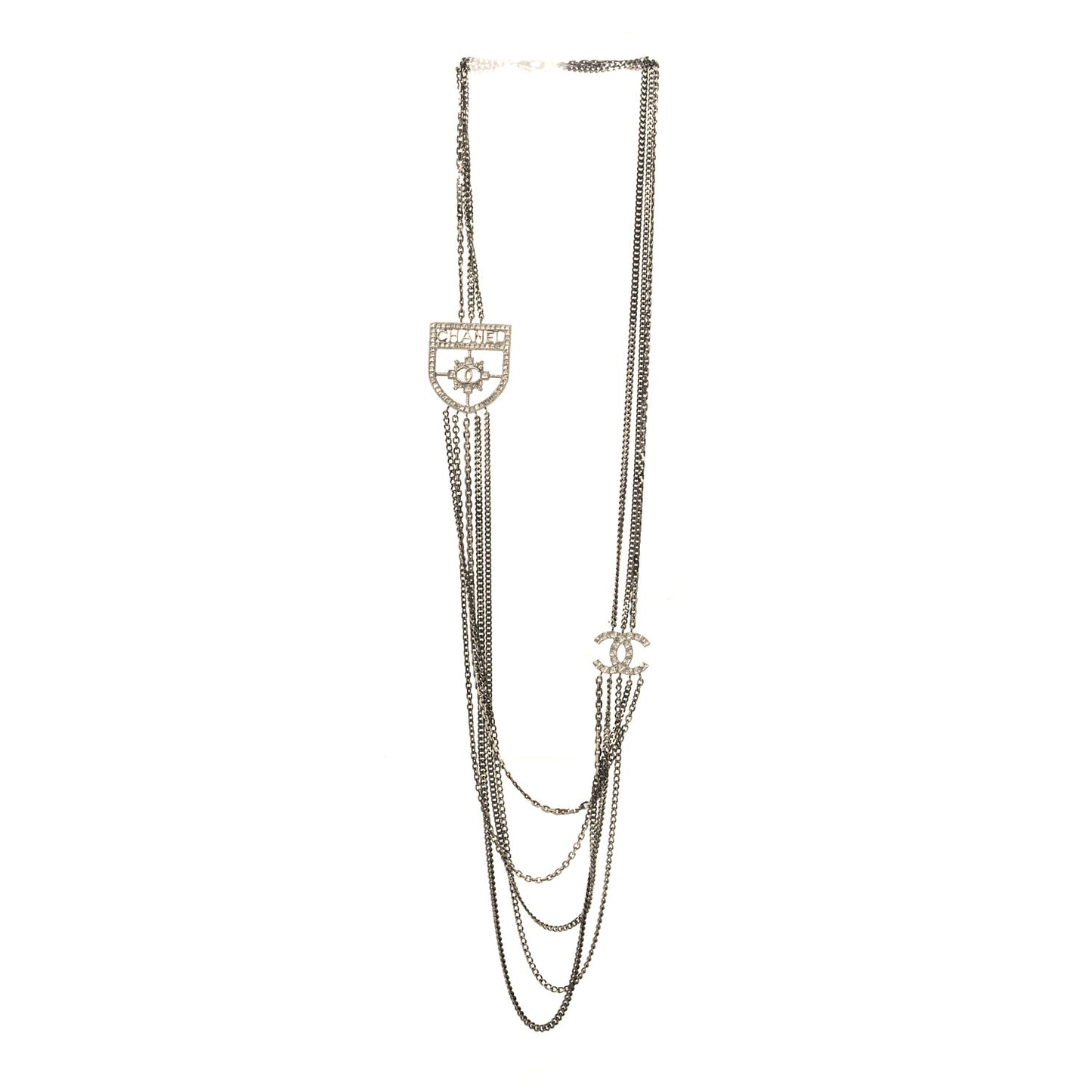 Baguette Crystal CC Shield Multi Strand Long Chain Necklace Silver
