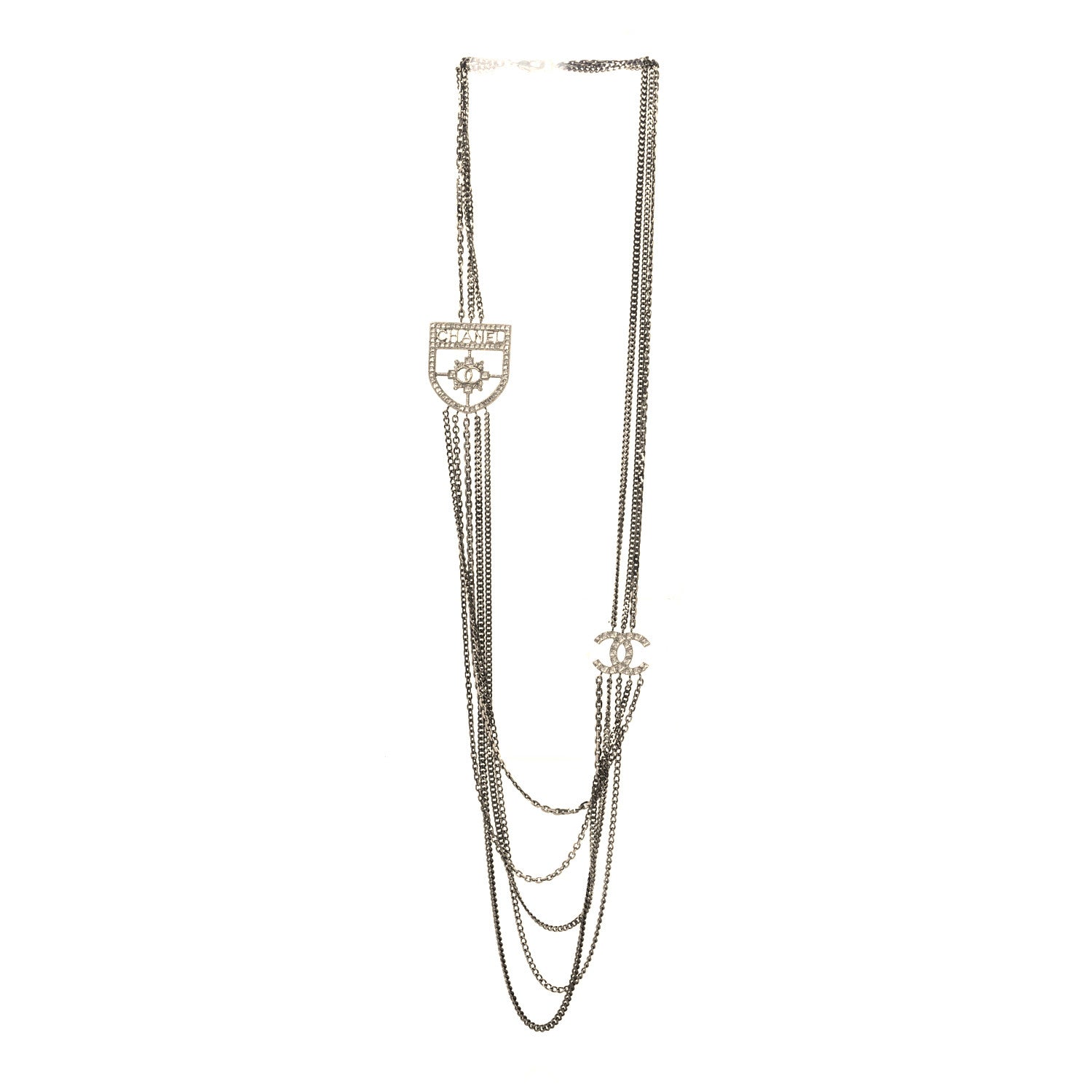 Chanel Baguette Crystal CC Shield Multi Strand Long Chain Necklace Silver 3 of 4