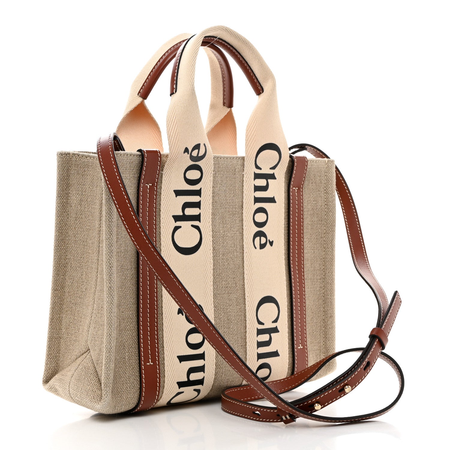 Chloe Linen Calfskin Small Woody Ribbon Tote With Strap White Brown 2 of 10