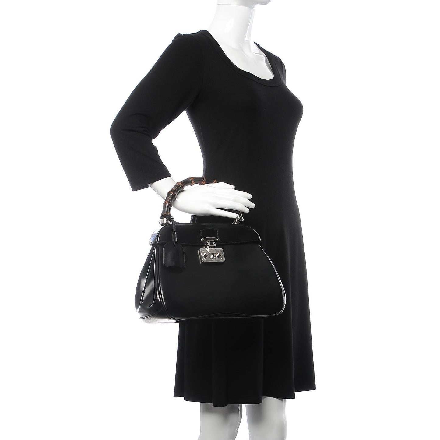 Regent Calfskin Bamboo Medium Lady Lock Top Handle Bag Black