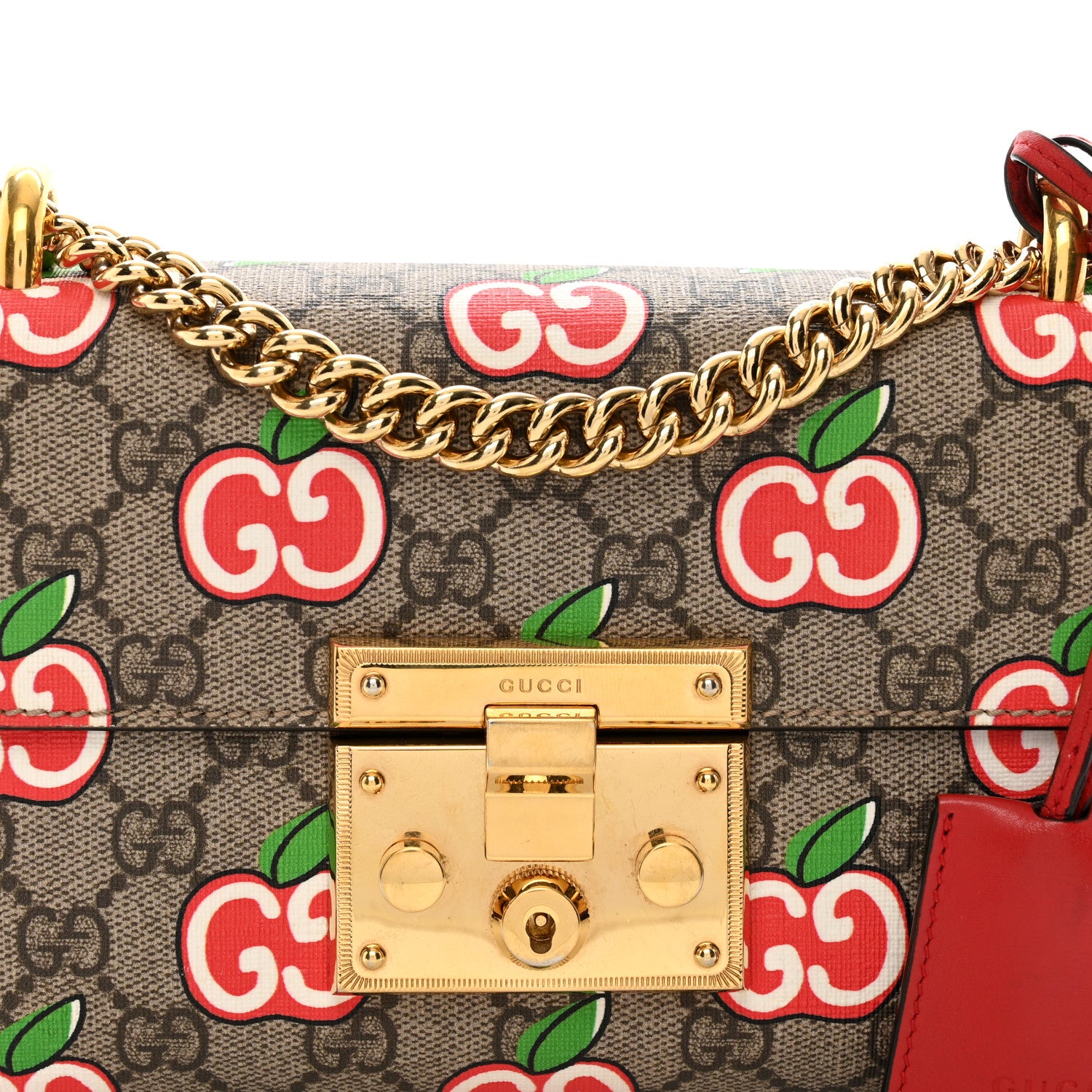 Gucci GG Supreme Monogram Apple Small Padlock Shoulder Bag Beige Multicolor Lobster Red 5 of 13