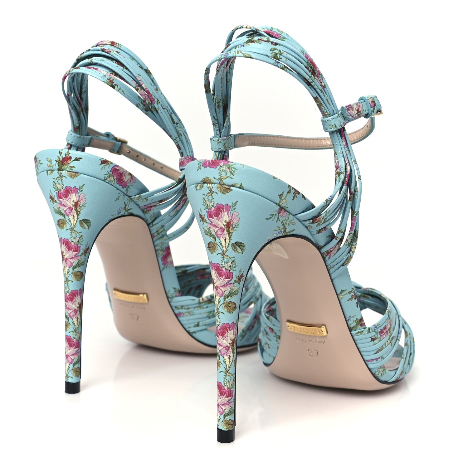Gucci Malaga Kid Floral Print Knotted Allie Sandals 37 Aquamarine 5 of 9