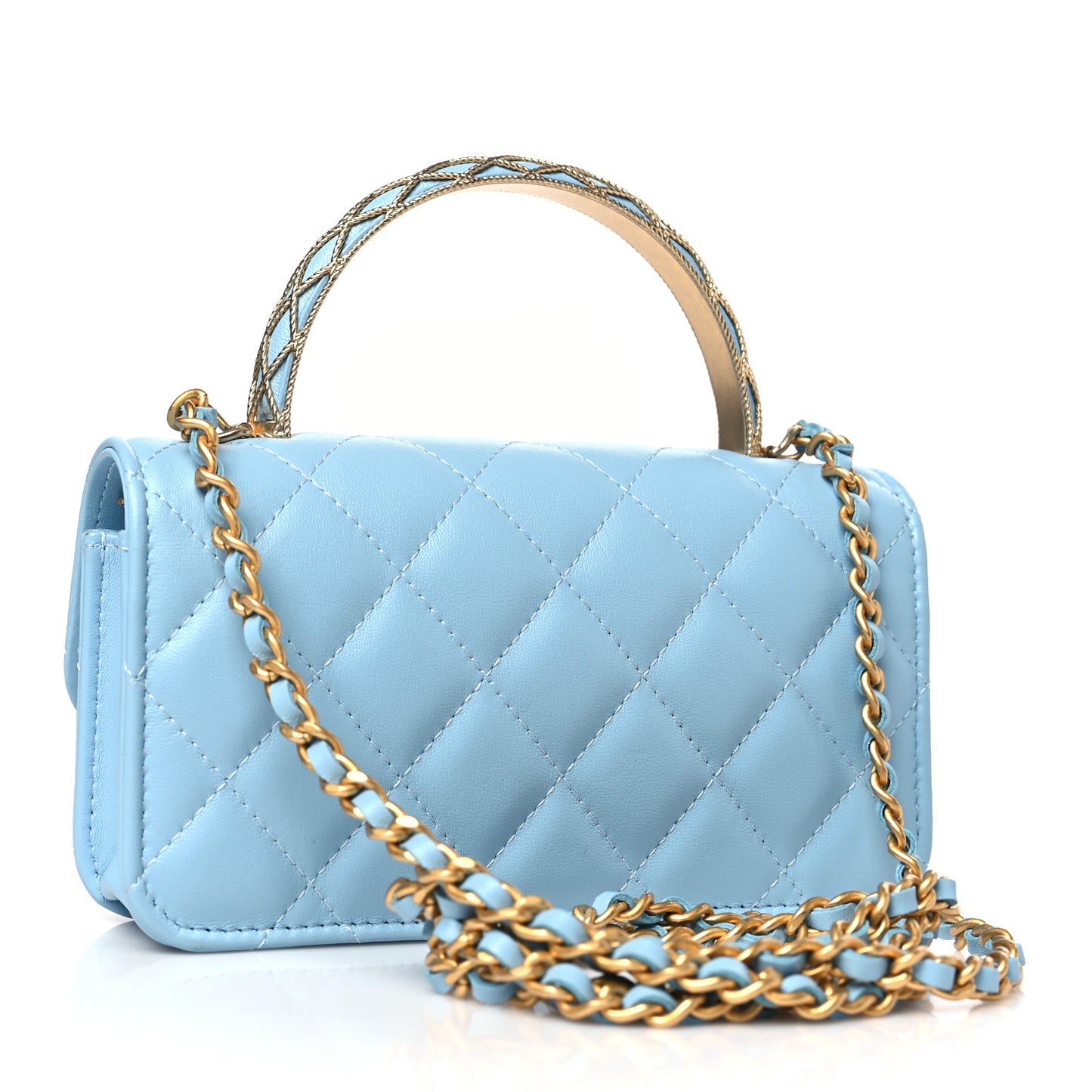Lambskin Quilted Metal Twist Top Handle Flap Phone Holder With Chain Blue