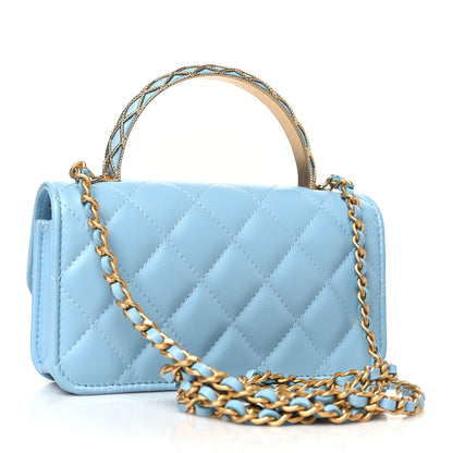 Chanel Lambskin Quilted Metal Twist Top Handle Flap Phone Holder With Chain Blue 3 of 10