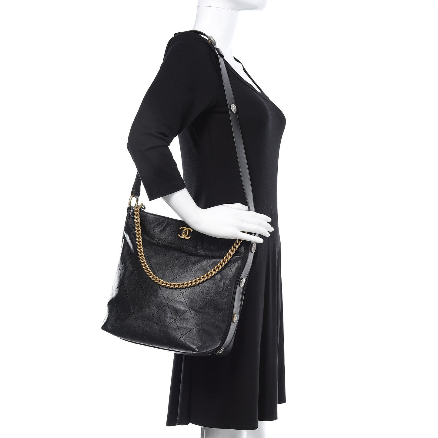 Calfskin Stitched Large Button Up Hobo Black